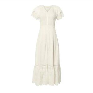 NWT LoveShackFancy Jodie Midi Dress Womens 2 Ivory V-Neck Short Sleeve Eyelet NE